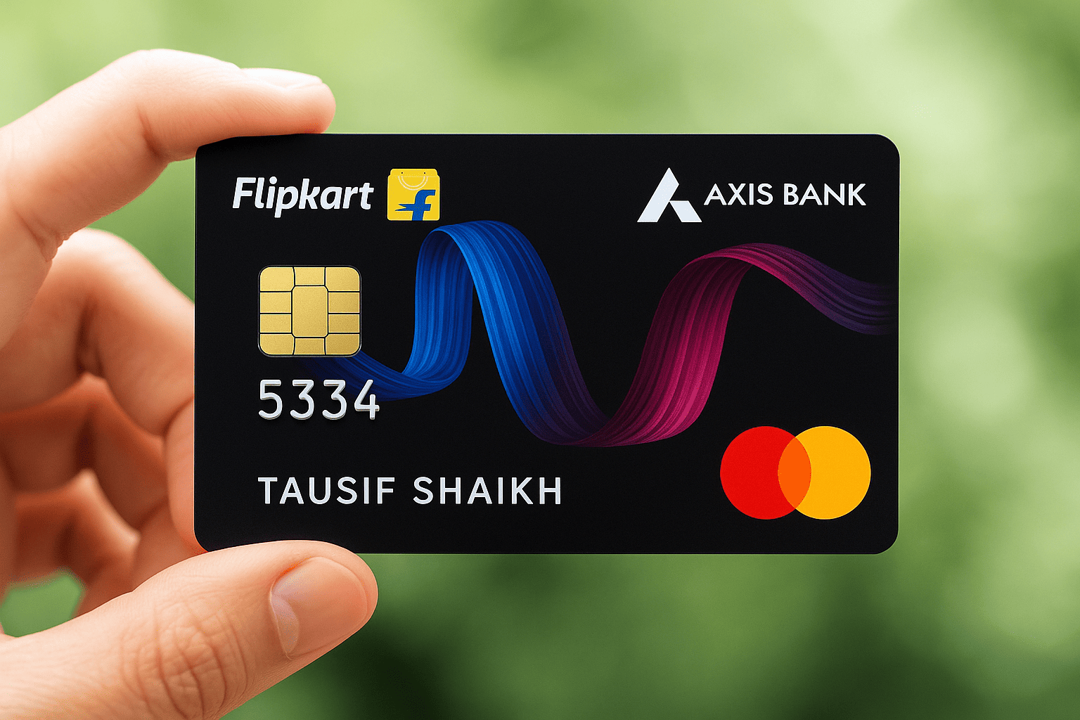 Flipkart Axis Bank Credit Card held in hand – Purple contactless card design
