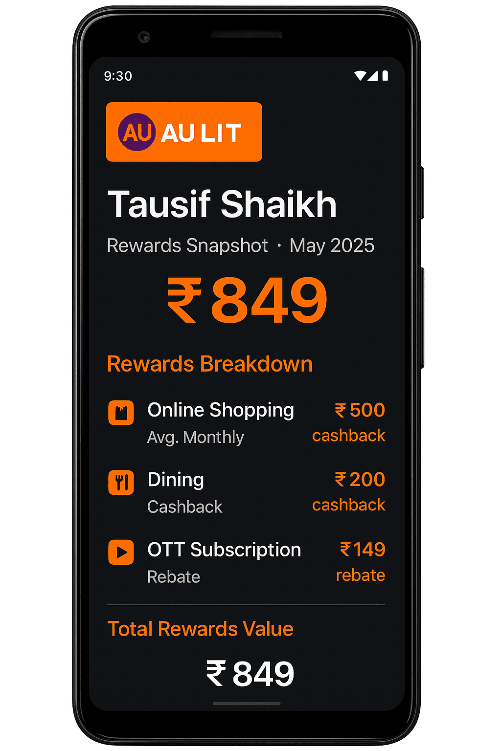 AU Bank LIT Credit Card Rewards Breakdown – ₹849 Cashback – May 2025