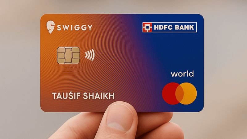 HDFC Swiggy Credit Card held in hand – Orange Purple Gradient with RuPay Logo