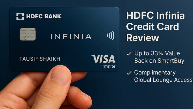 HDFC Bank Infinia Metal Credit Card Review image with card held in hand and key features like SmartBuy value back and global lounge access displayed
