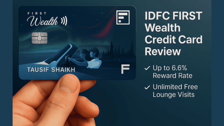 IDFC FIRST Wealth Credit Card Review image with card in hand, showcasing key benefits like 10X rewards, unlimited lounge access, and 6.6% return rate