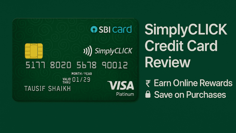 SBI SimplyCLICK Credit Card with green background showing review highlights and benefits for 2025
