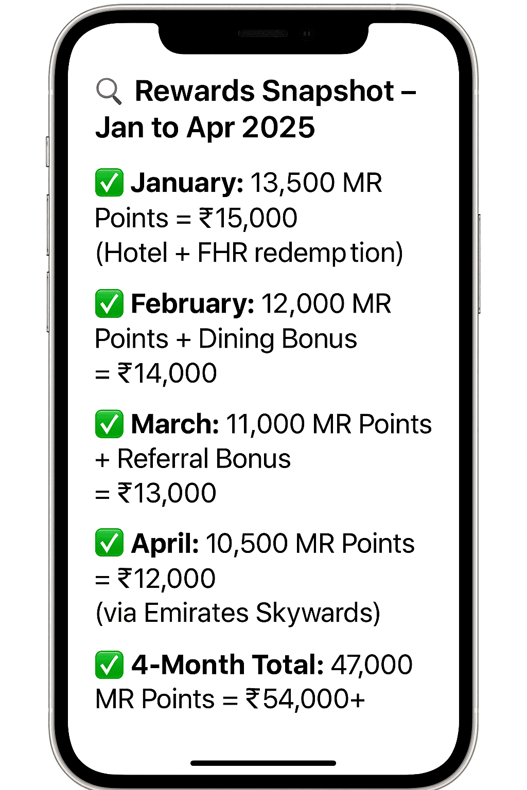 Amex Platinum Charge Card 4-Month MR Points Redemption Mobile Snapshot