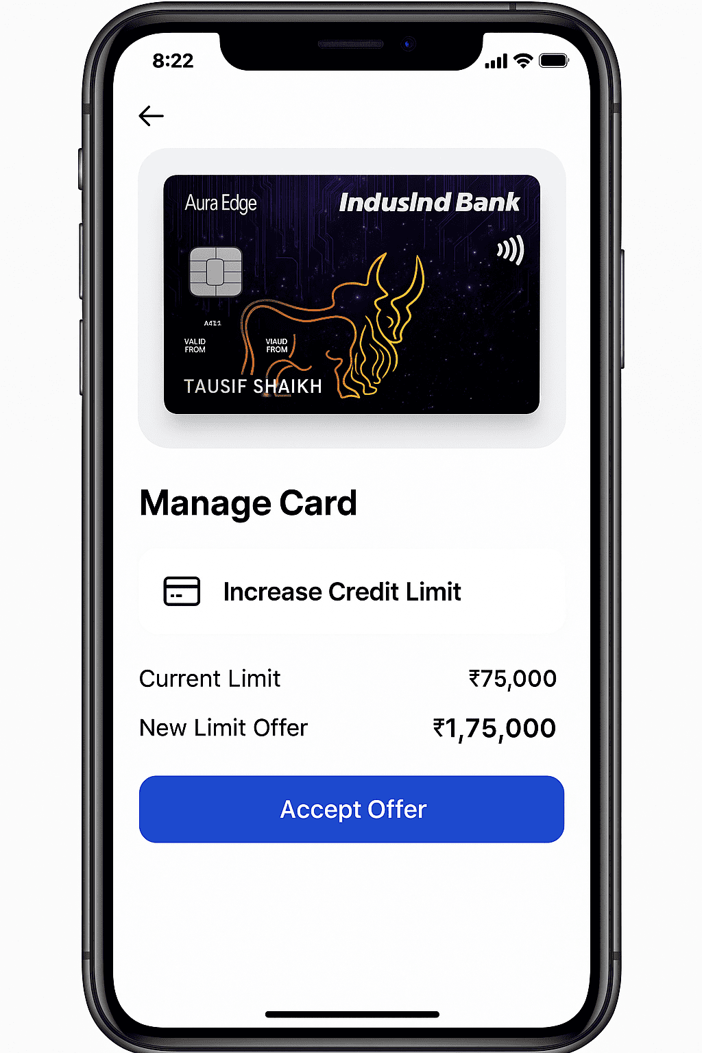 IndusInd Credit Limit Upgrade App UI