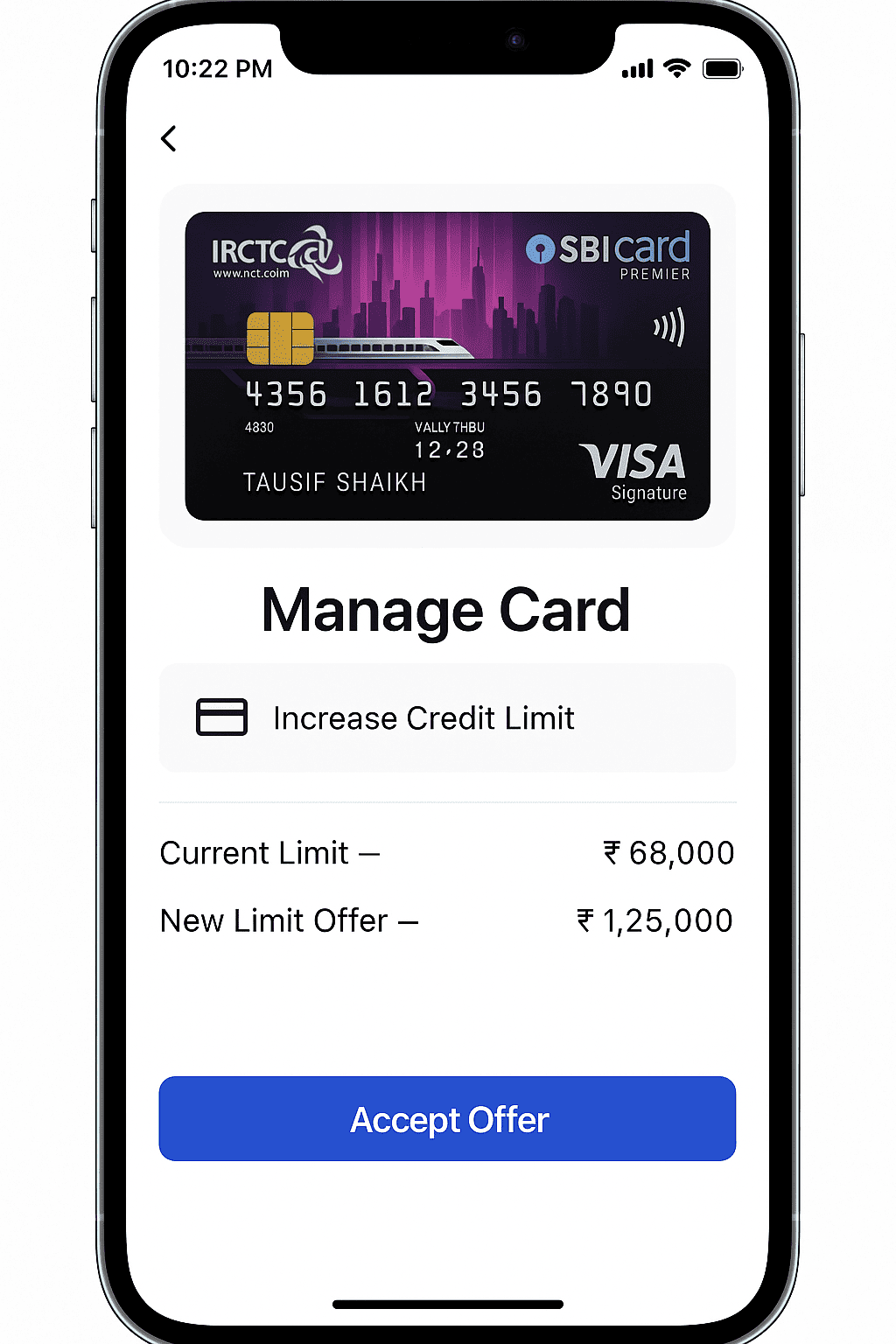 SBI Card App Limit Enhancement Screenshot