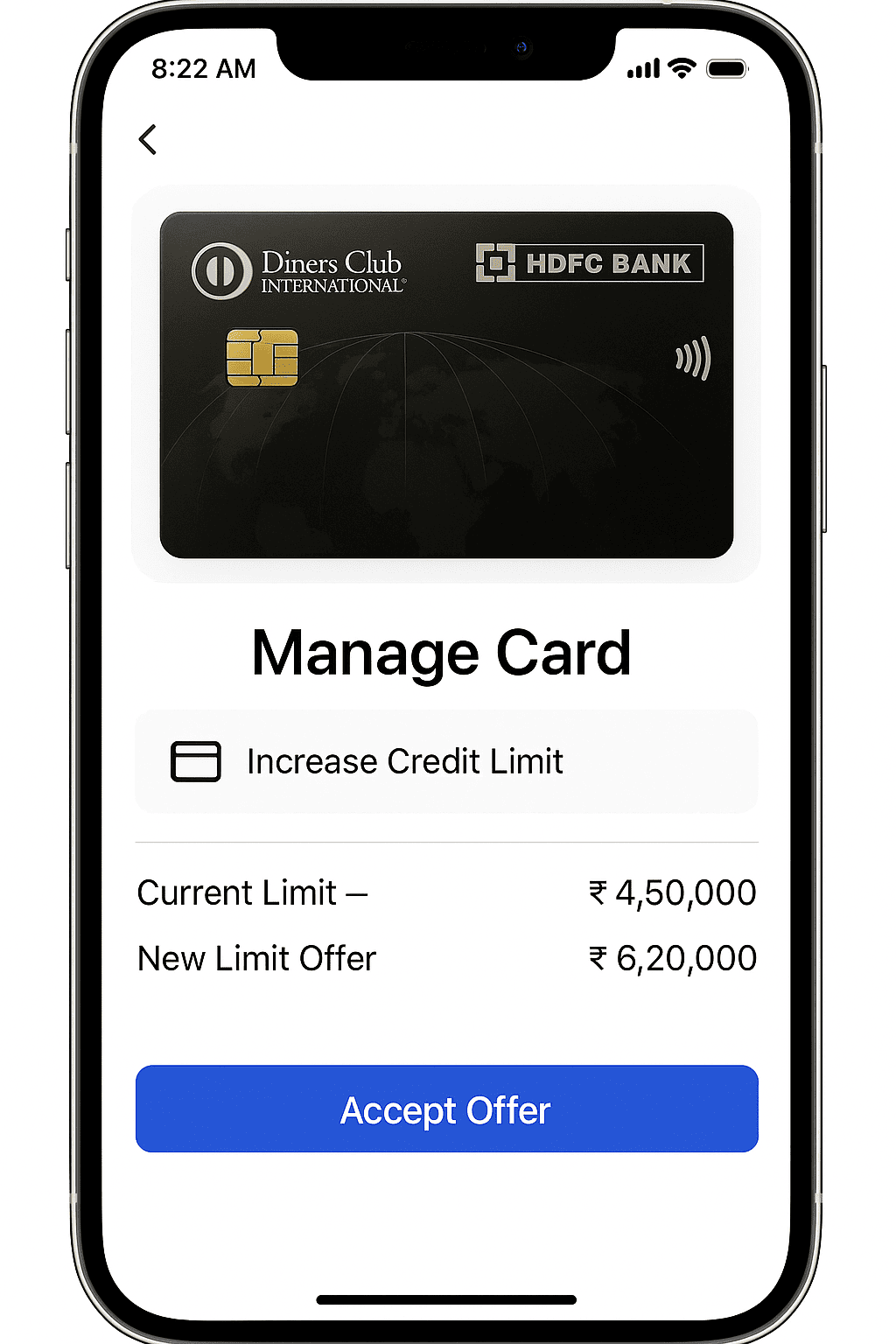 HDFC Diners Club Black Credit Card Limit Management App Screen