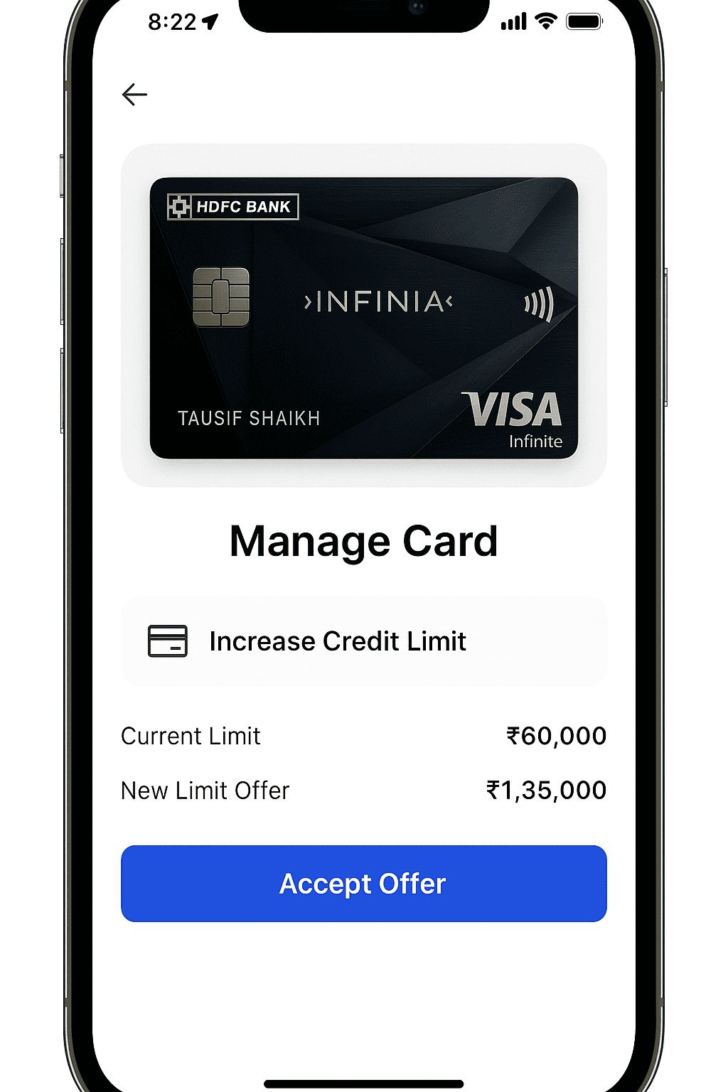 HDFC Infinia Metal Credit Card – App-based Limit Management Screenshot