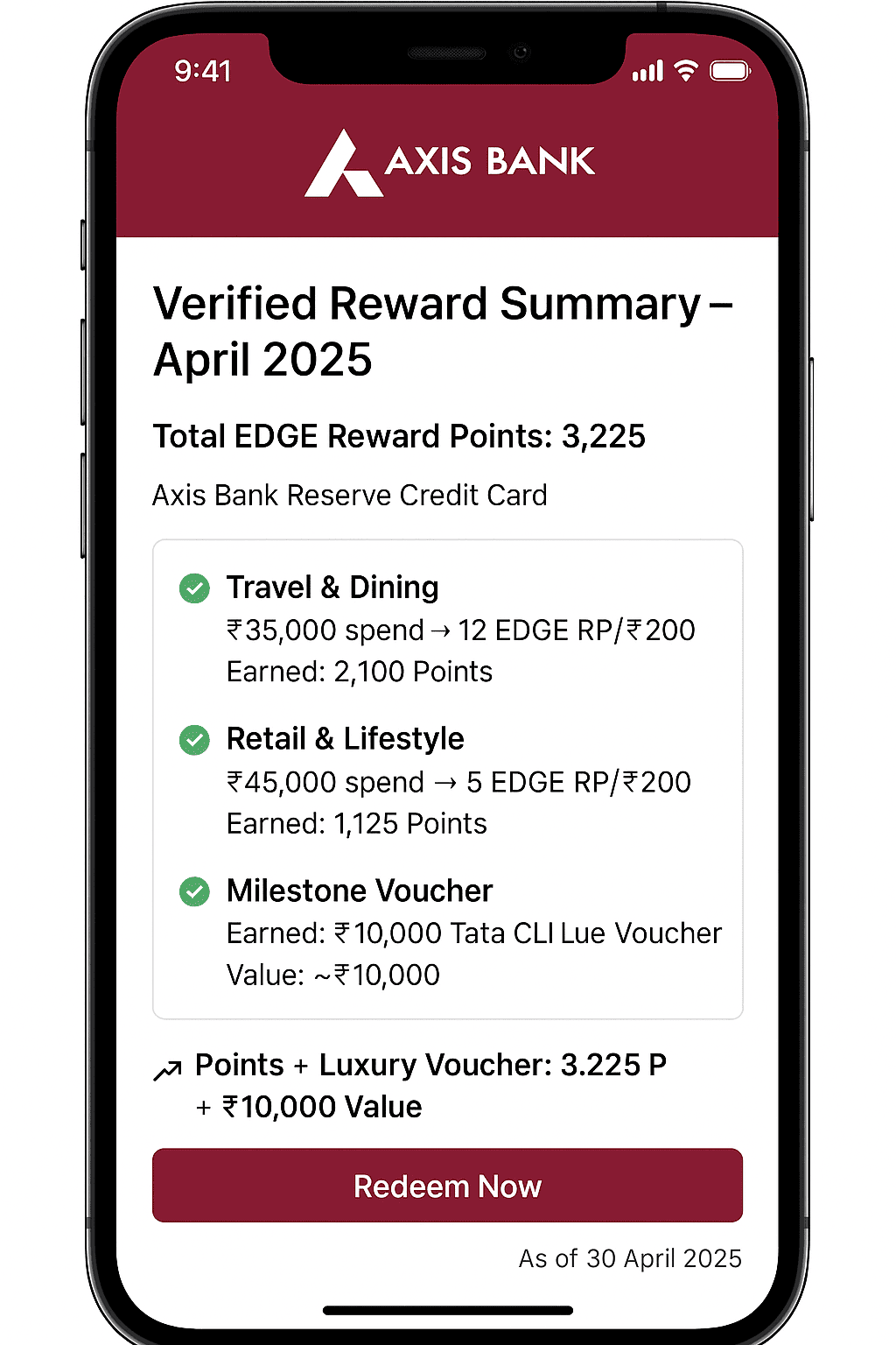 Axis Bank Reserve Credit Card – April 2025 Rewards Summary Screenshot