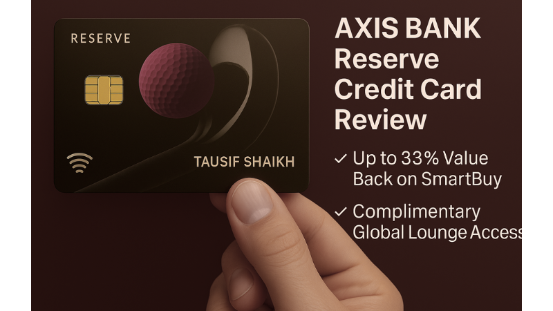 Axis Bank Reserve Credit Card held in hand with benefits like 33% SmartBuy value back and lounge access displayed alongside