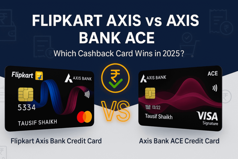 Flipkart Axis Bank Credit Card vs Axis Bank ACE Credit Card side-by-side comparison banner with cashback icon and VS label in 2025