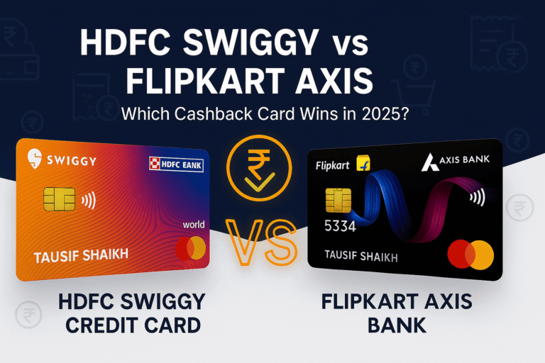 HDFC Bank Swiggy Credit Card vs Flipkart Axis Bank Credit Card featured comparison image showing both credit cards with VS symbol and cashback icon
